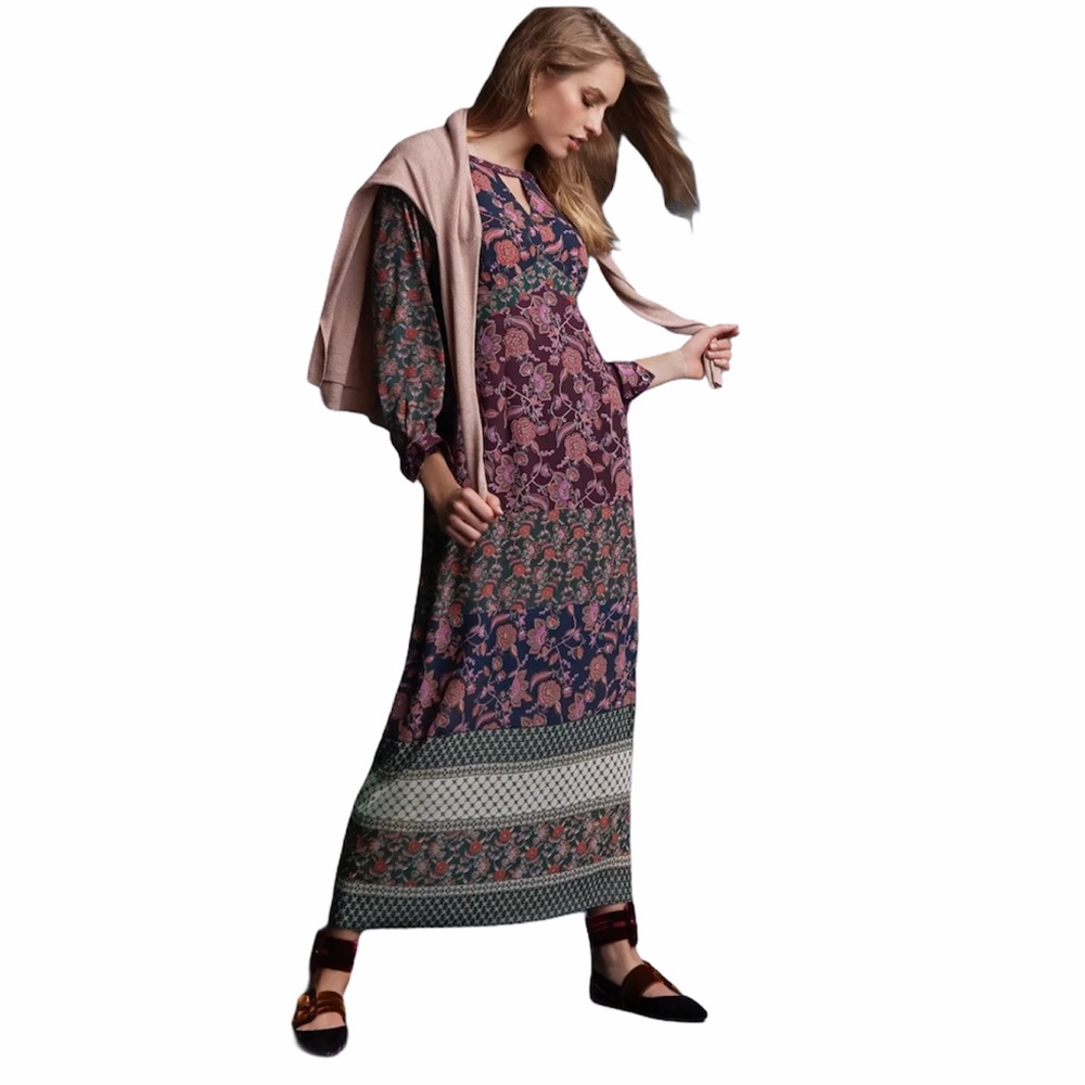 Cabi Maxi Dress Floral Print Bohemian V Neck Long Sleeve Women Size M